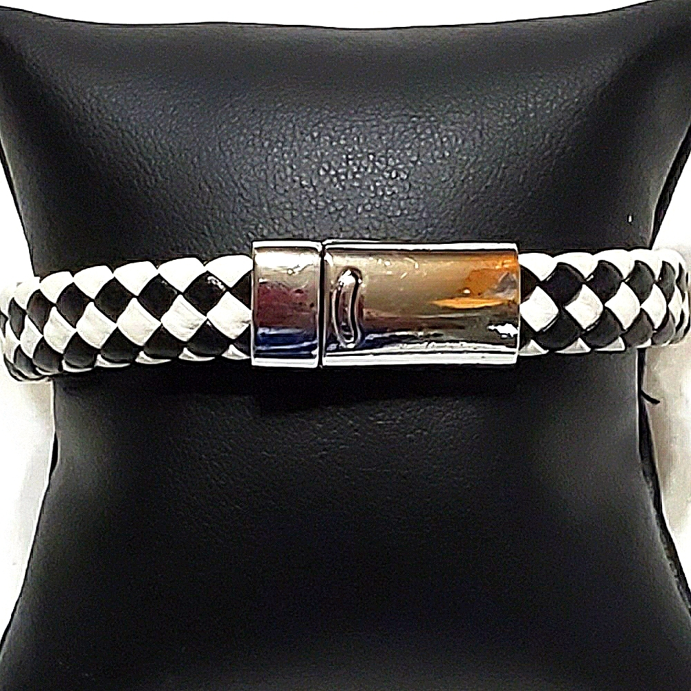 Leather Bracelet with a Black and White Checkerboard Pattern